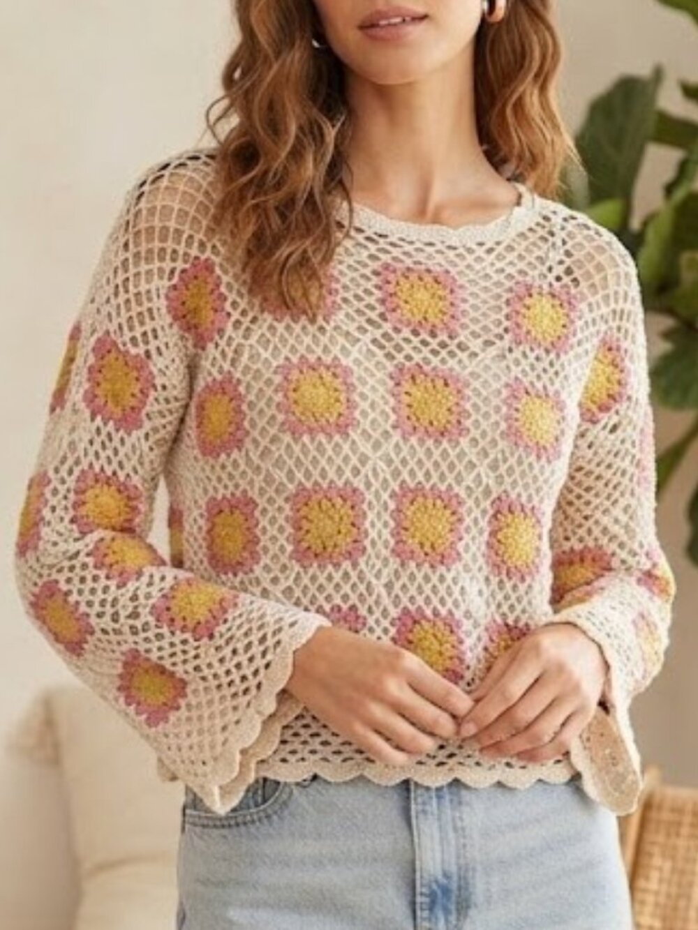 Beige Crochet Top with Pink & Mustard Floral Squares